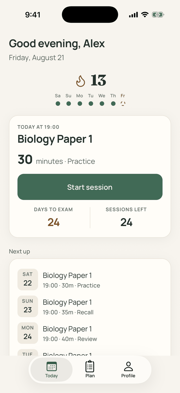 The Today screen: a 13-day rhythm above one session card reading Today at 19:00, Biology Paper 1, 30 minutes, Practice, with a Start session button and 24 days to the exam.