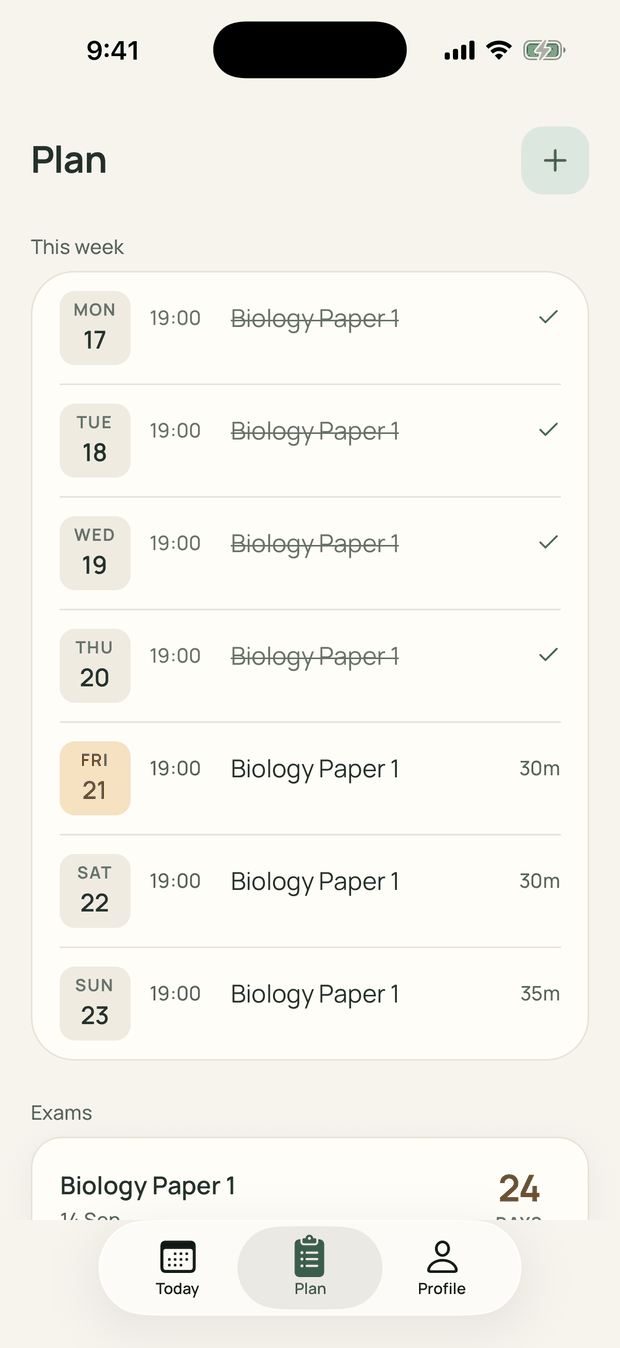 The Plan tab: Monday to Sunday, each day carrying a 19:00 session. Monday to Thursday are struck through and ticked, Friday is marked as today.