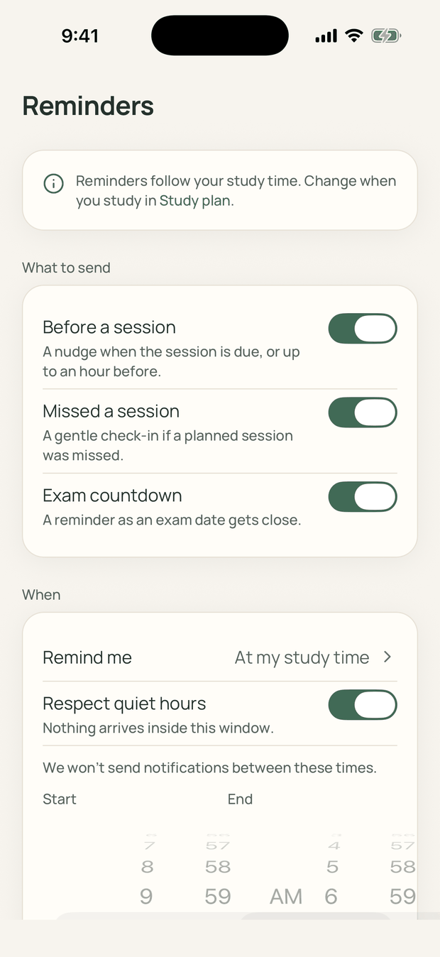 Reminders settings: separate switches for Before a session, Missed a session and Exam countdown, plus Remind me at my study time and Respect quiet hours.