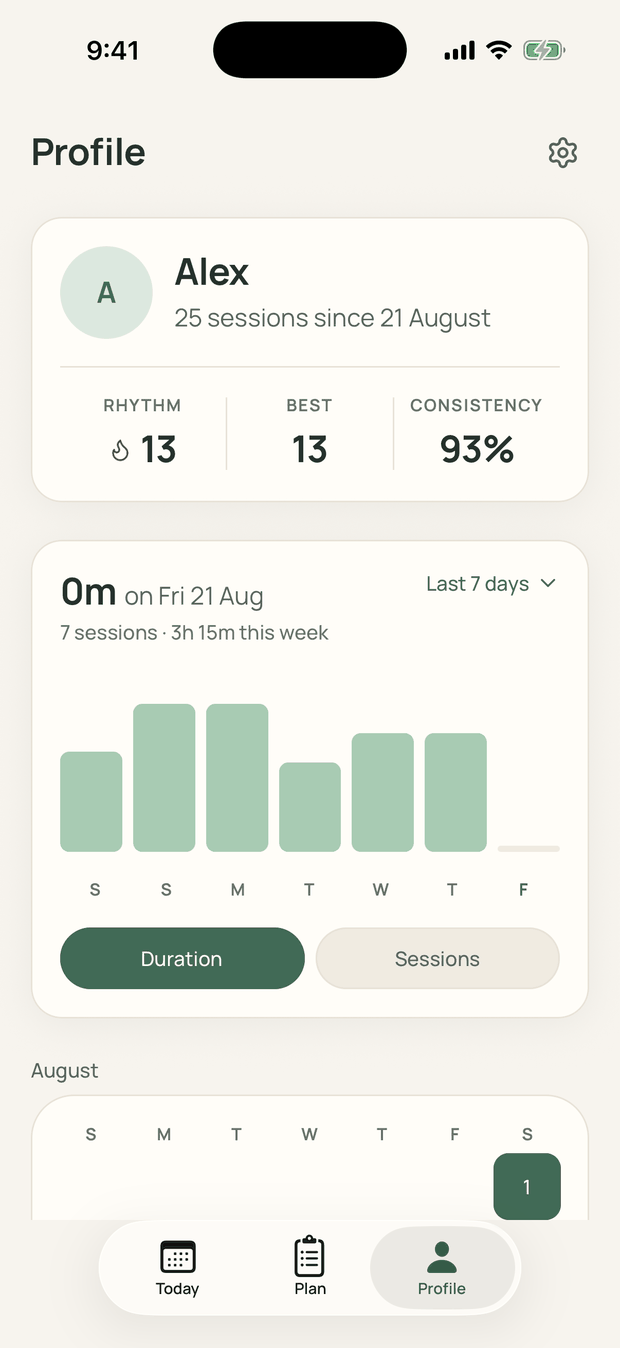 The Profile tab: a Rhythm, Best and Consistency row above a seven-day bar chart of study time, with a Duration and Sessions toggle.